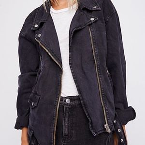 Free People Oversized Black Denim Moto Jacket